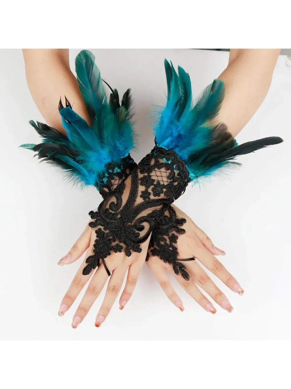 Gothic Black Lace Feather Long Gloves for Women - Halloween Witch Costume